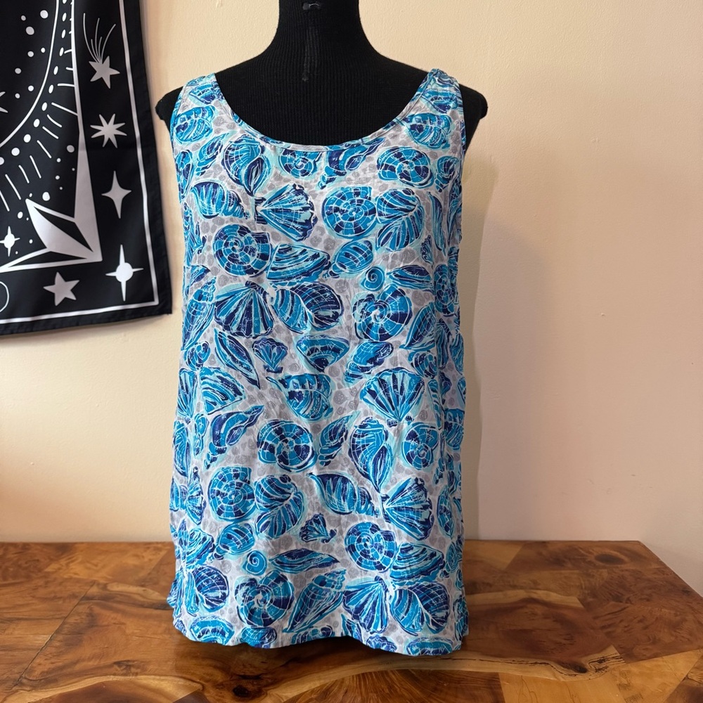 Vintage Silk Classique Sz 10 Blue and Grey Seashell Print Tank Top